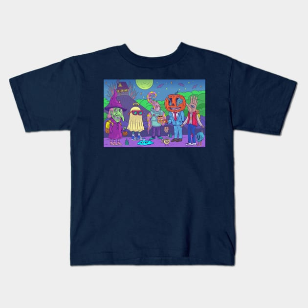 Spooky Halloween Creatures Cartoon Illustration Kids T-Shirt by Mako Design 